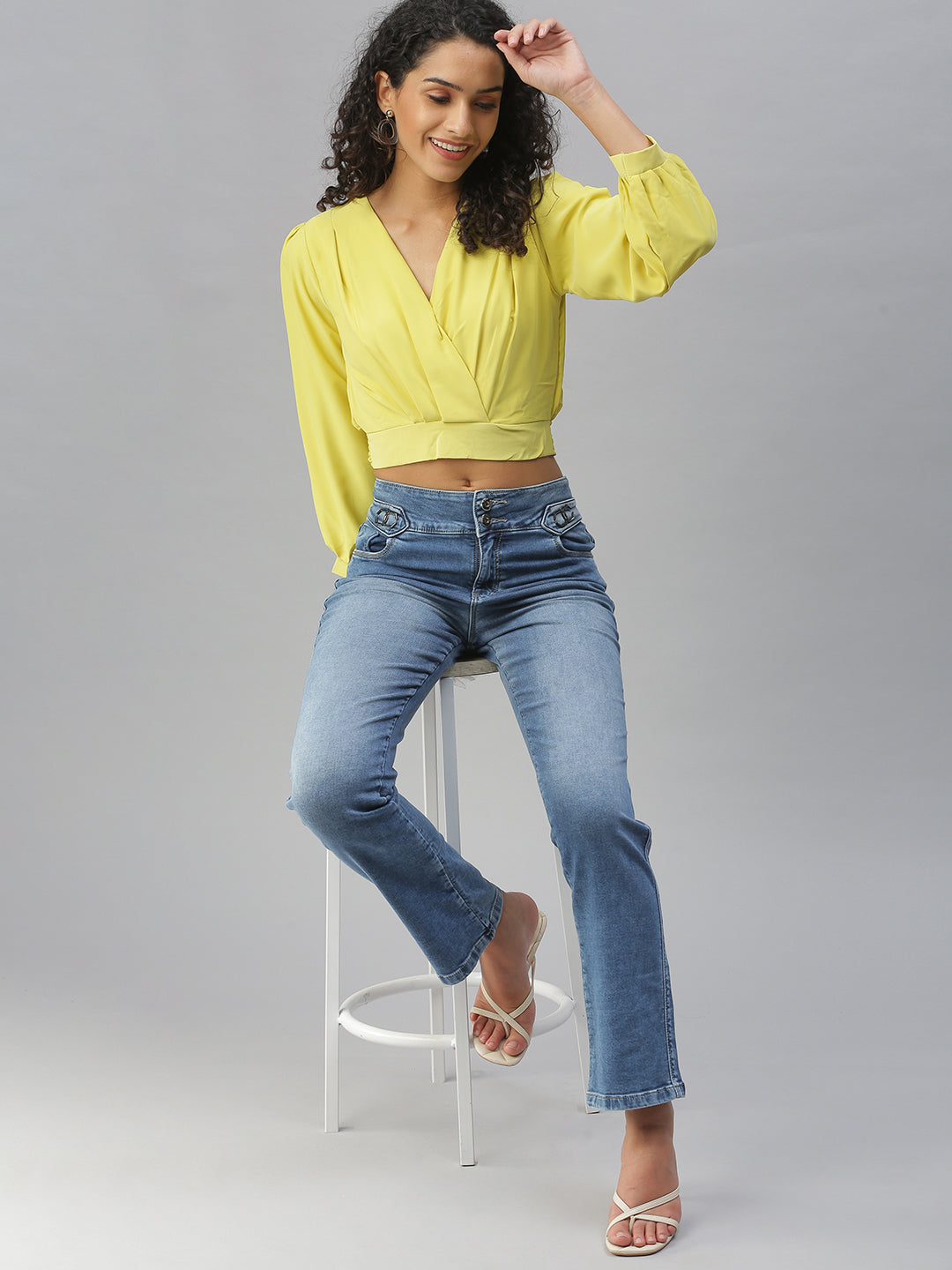 Women's Lime green Crepe Cinched Waist Crop Top