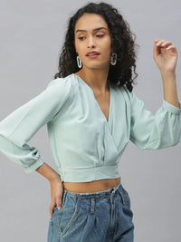 Women's Sea Green Solid Crop Tops