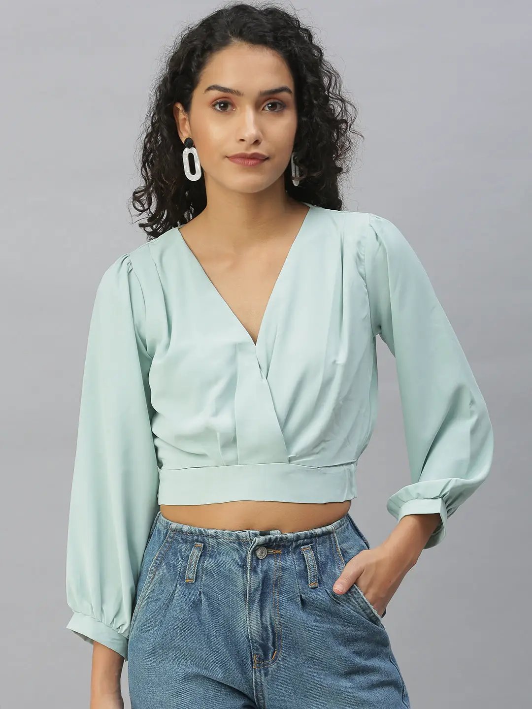 Women's Sea Green Solid Crop Tops