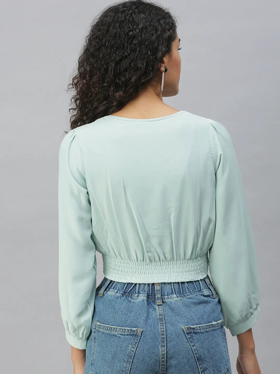 Women's Sea Green Solid Crop Tops