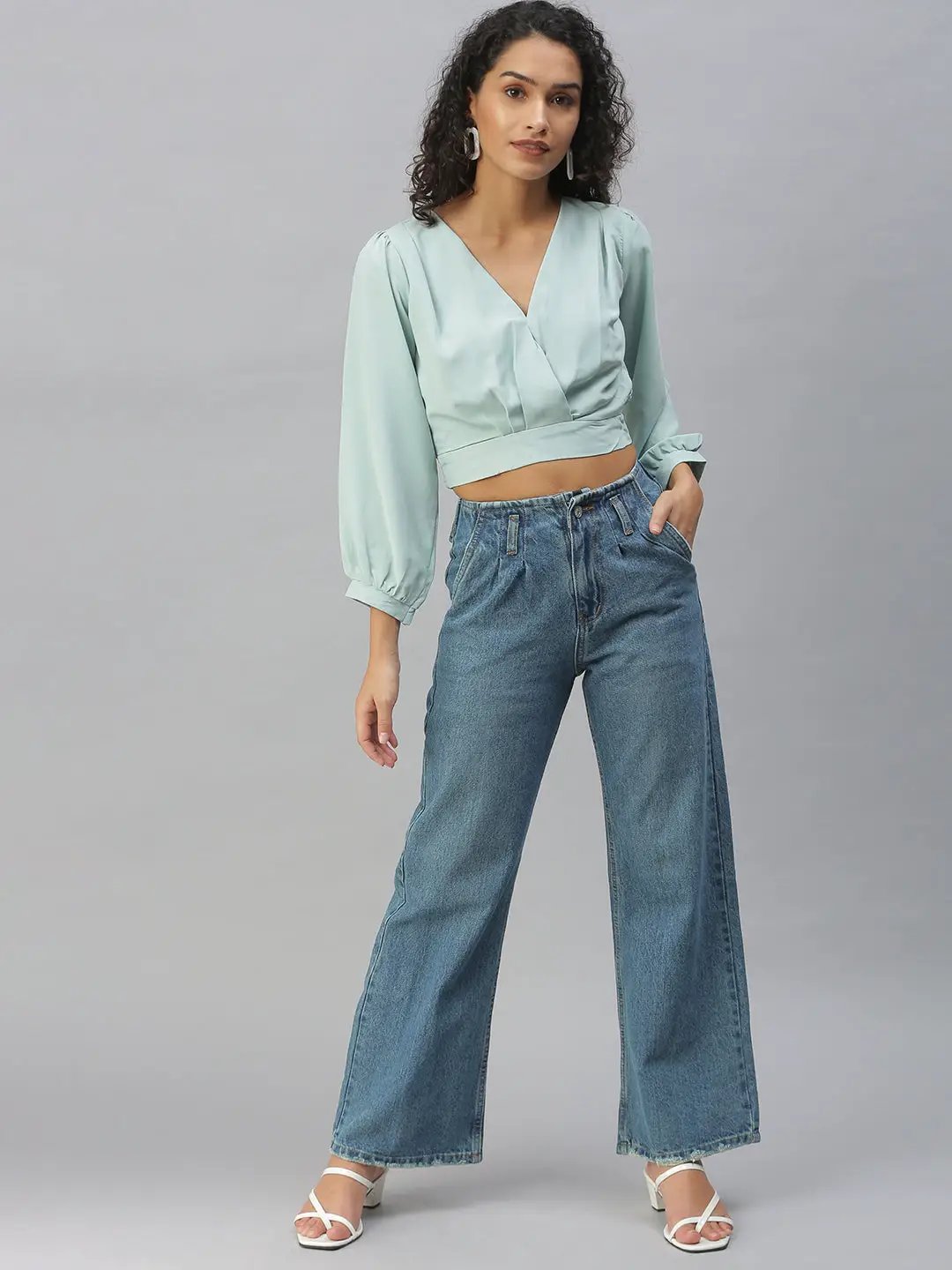 Women's Sea Green Solid Crop Tops