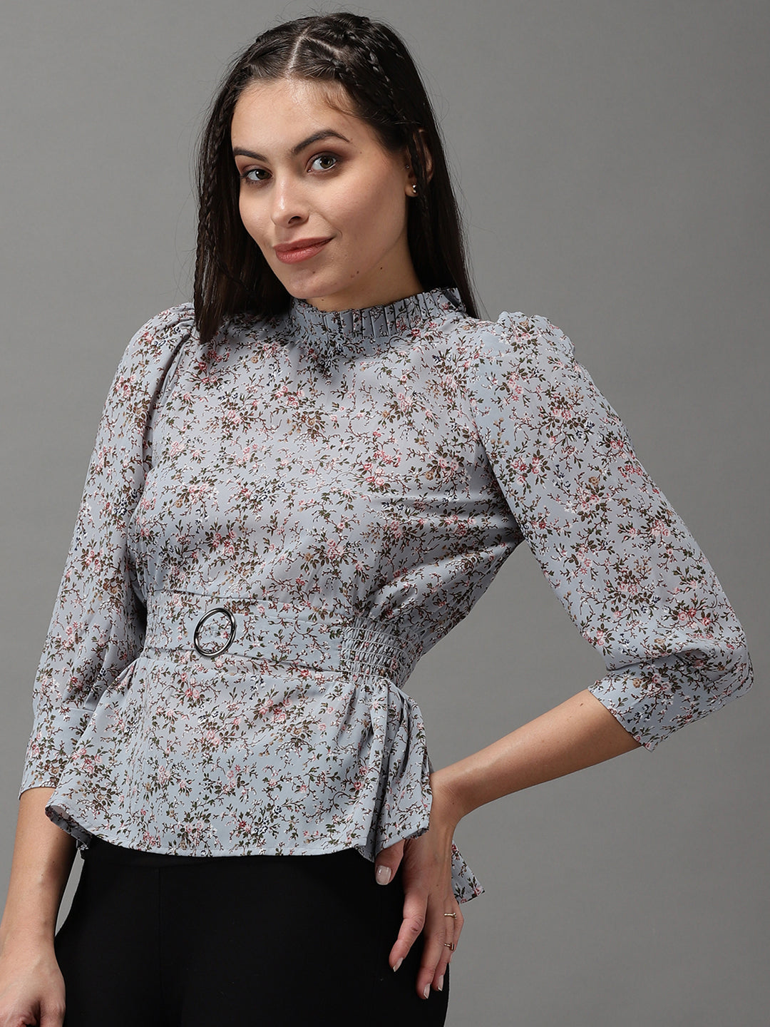 Women's Grey Printed Peplum Top