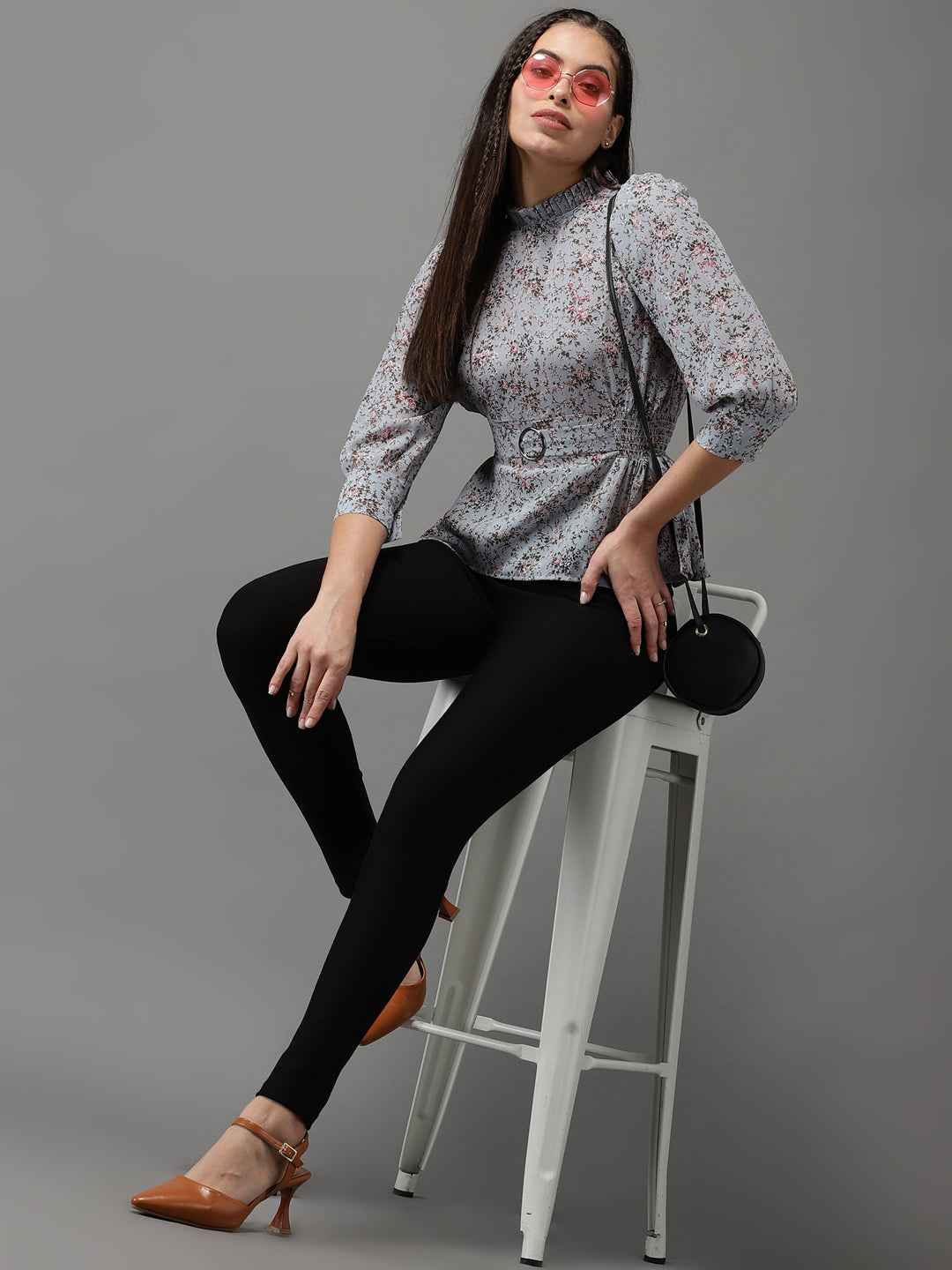 Women's Grey Printed Peplum Top