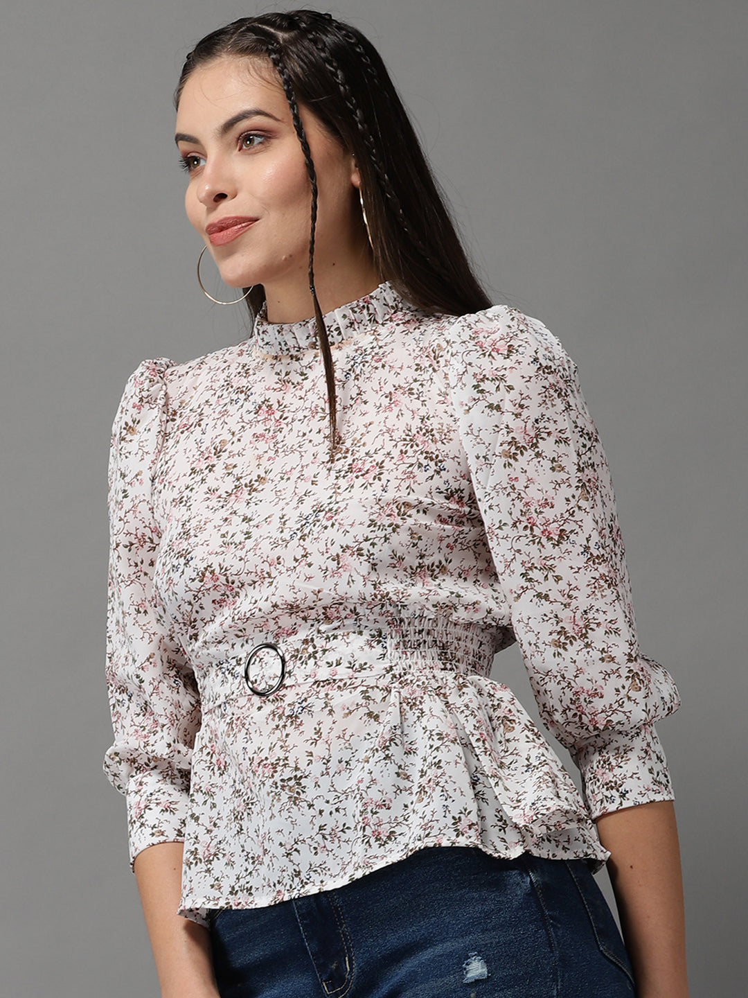 Women's Beige Printed Peplum Top