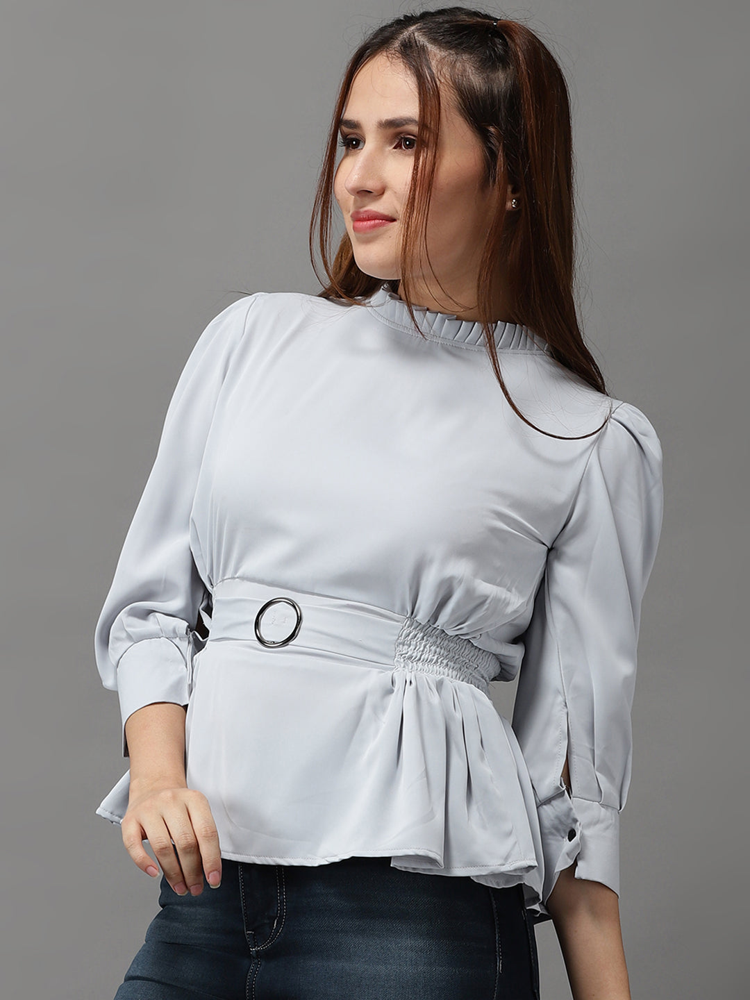 Women's Grey Solid Peplum Top