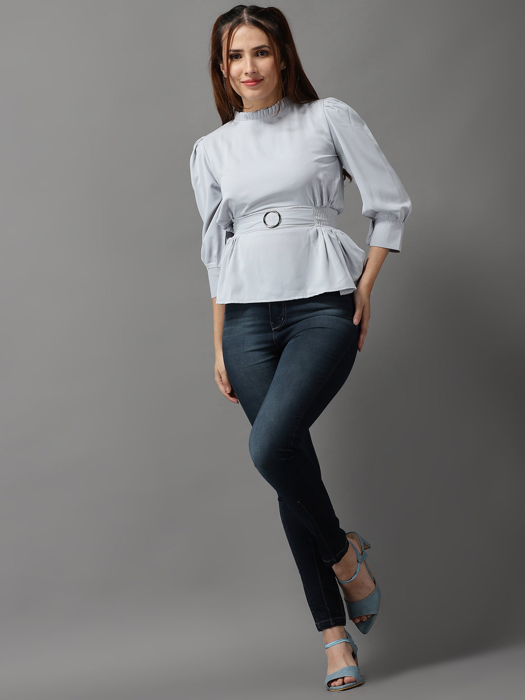 Women's Grey Solid Peplum Top