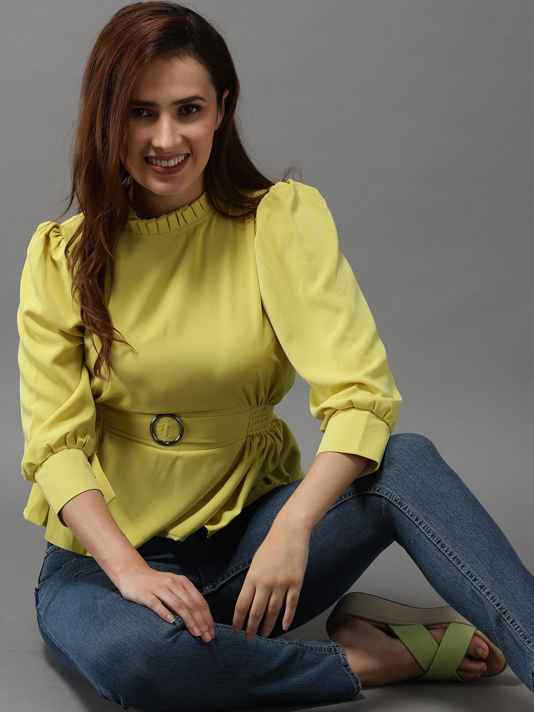 Women's Yellow Solid Peplum Top