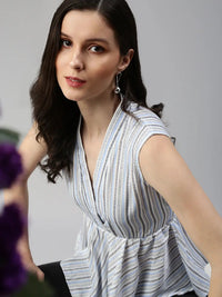 Women's Blue Vertical Striped Peplum V-Neck Top