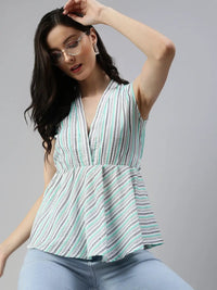 Women's Sea Green Striped Mandarin Collar Peplum Top