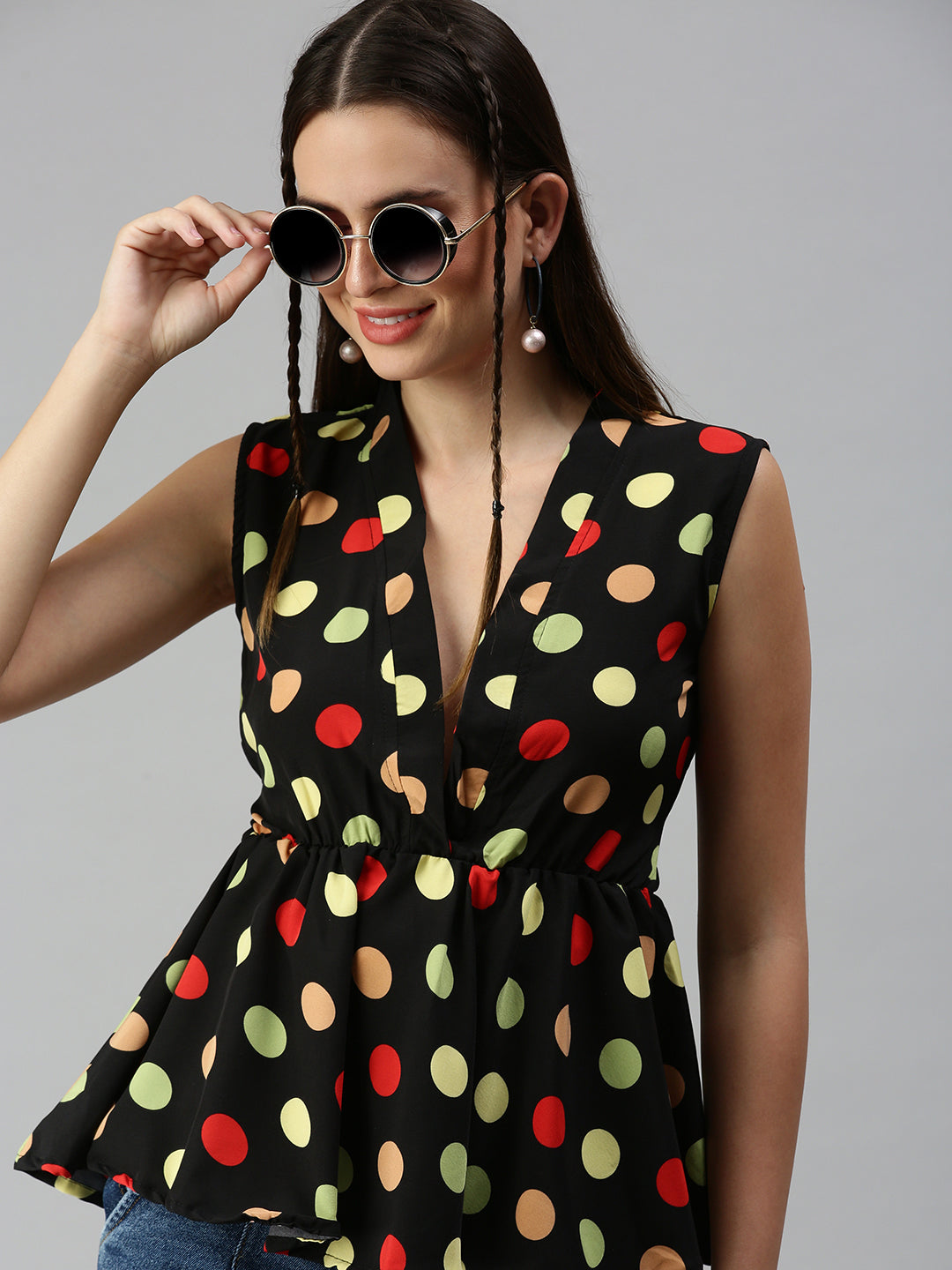 Women's Black Print Crepe Peplum Top