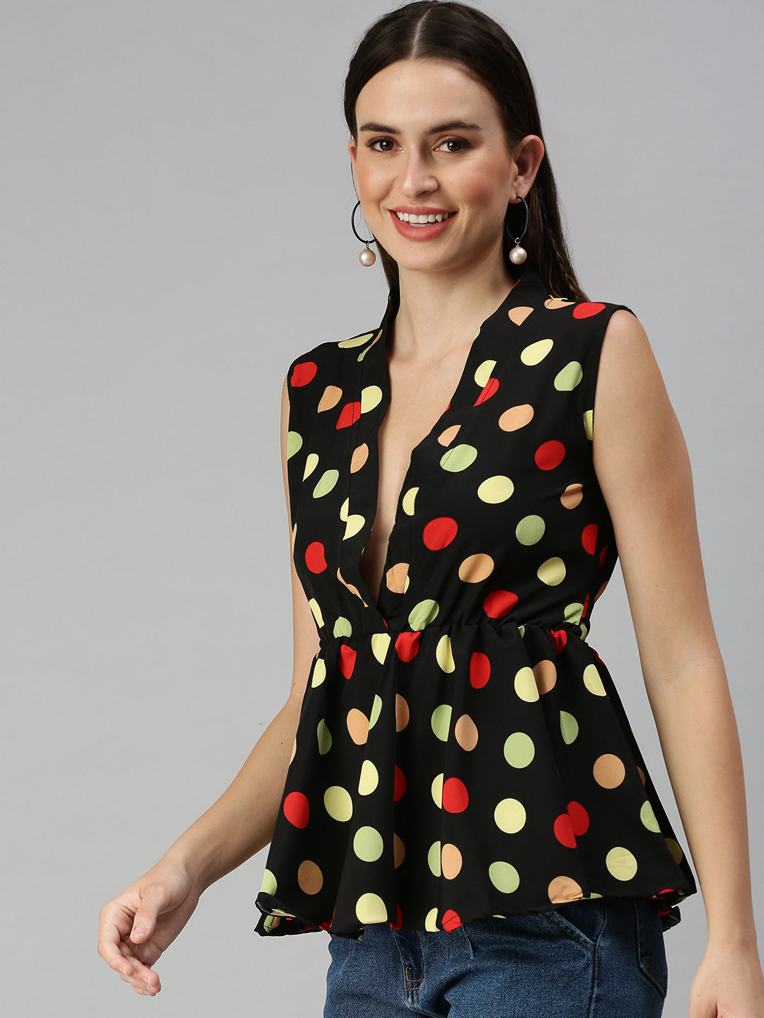 Women's Black Print Crepe Peplum Top