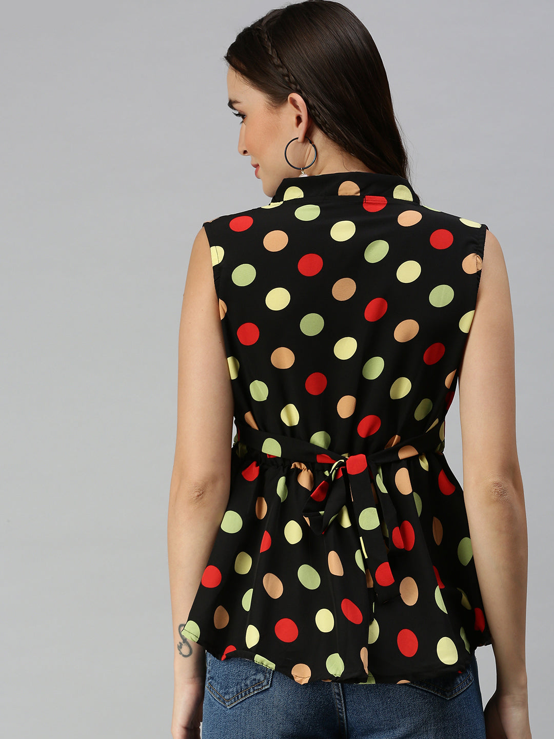 Women's Black Print Crepe Peplum Top