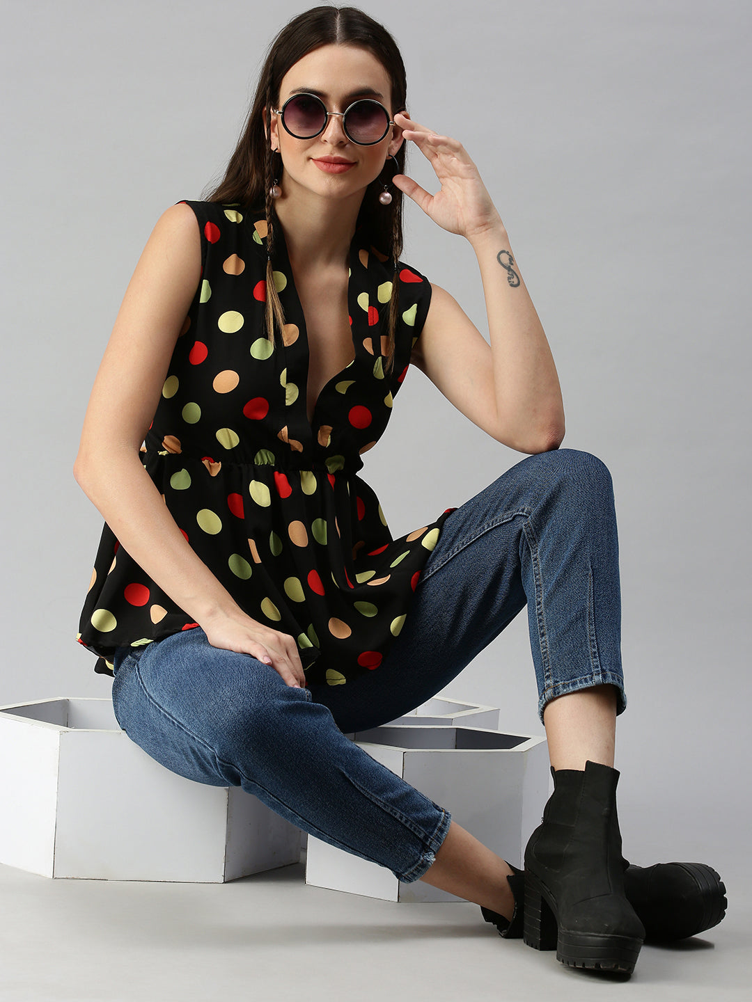 Women's Black Print Crepe Peplum Top