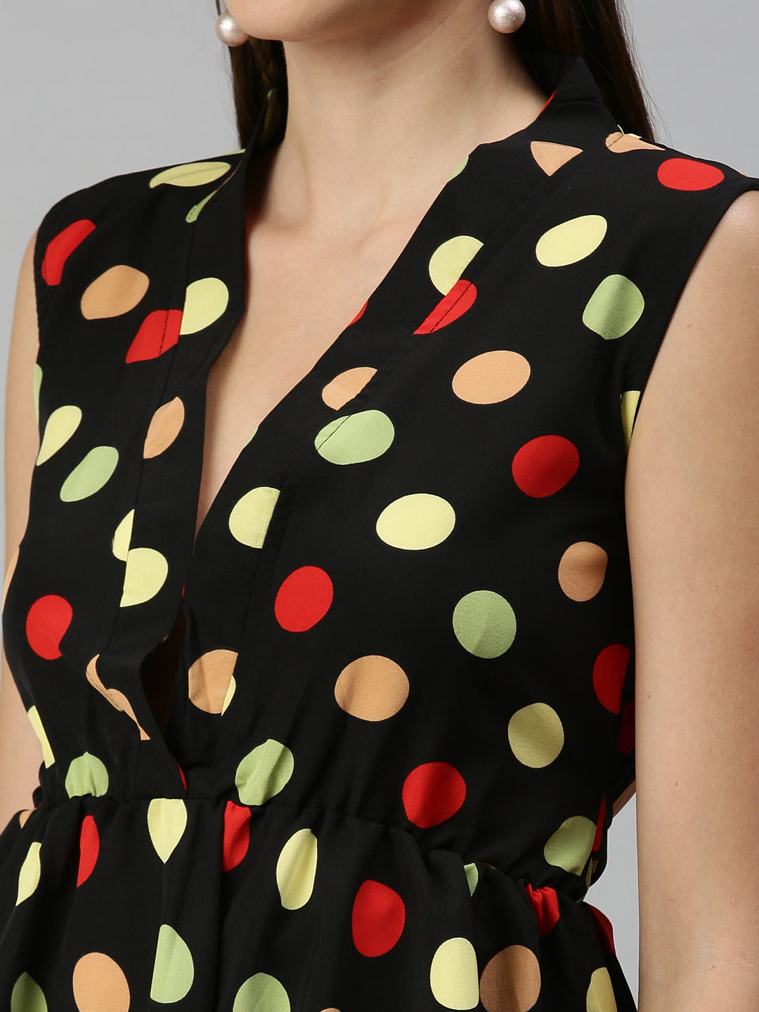 Women's Black Print Crepe Peplum Top