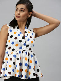 Women's Off White Print Crepe Peplum Top