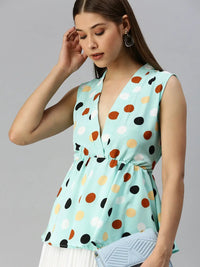 Women's Sea Green Print Crepe Wrap Top