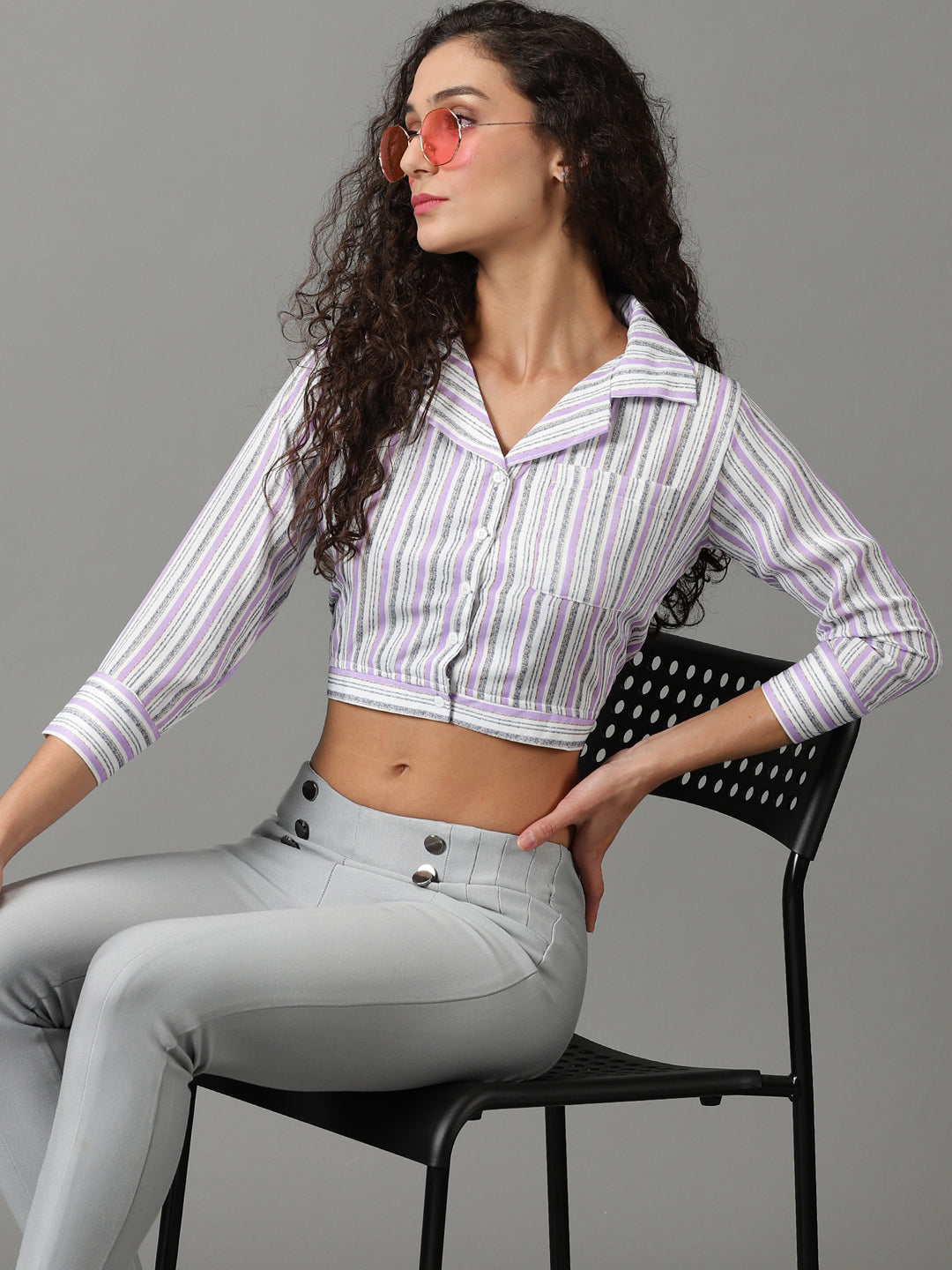 Women's White Striped Shirt Style Crop Top