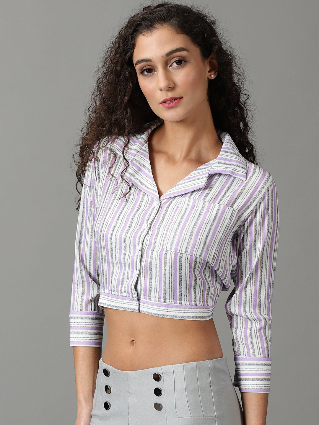 Women's White Striped Shirt Style Crop Top