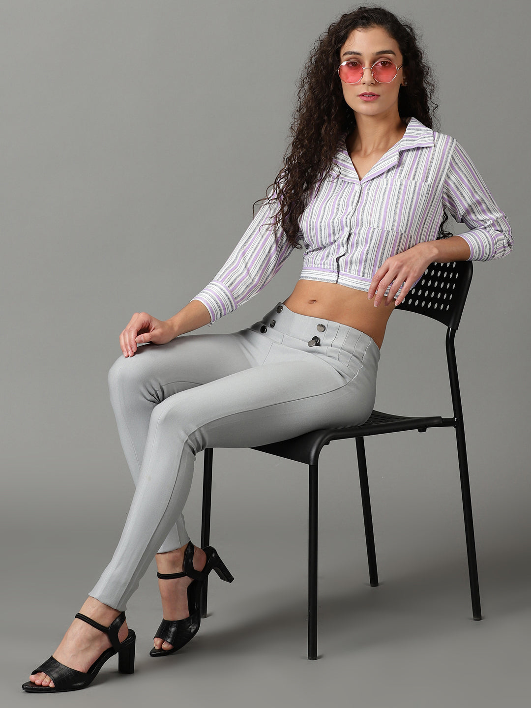 Women's White Striped Shirt Style Crop Top