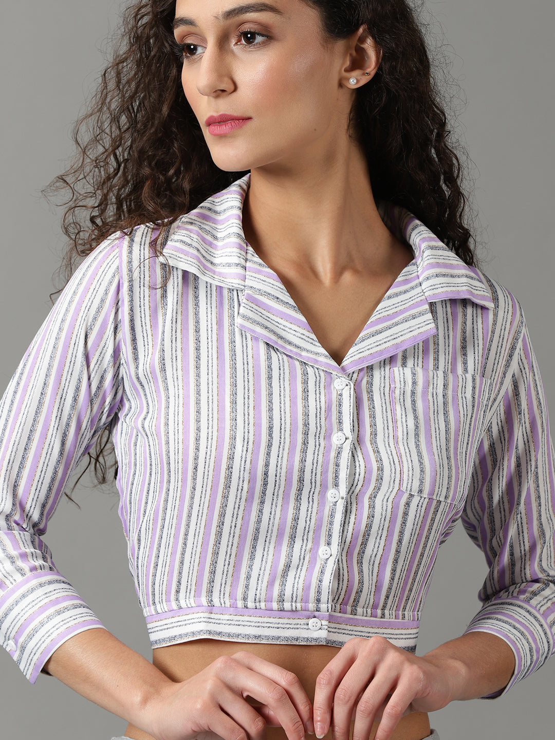 Women's White Striped Shirt Style Crop Top