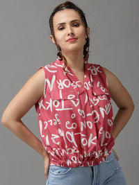 Women's Pink Print Crepe Shirt Style Top