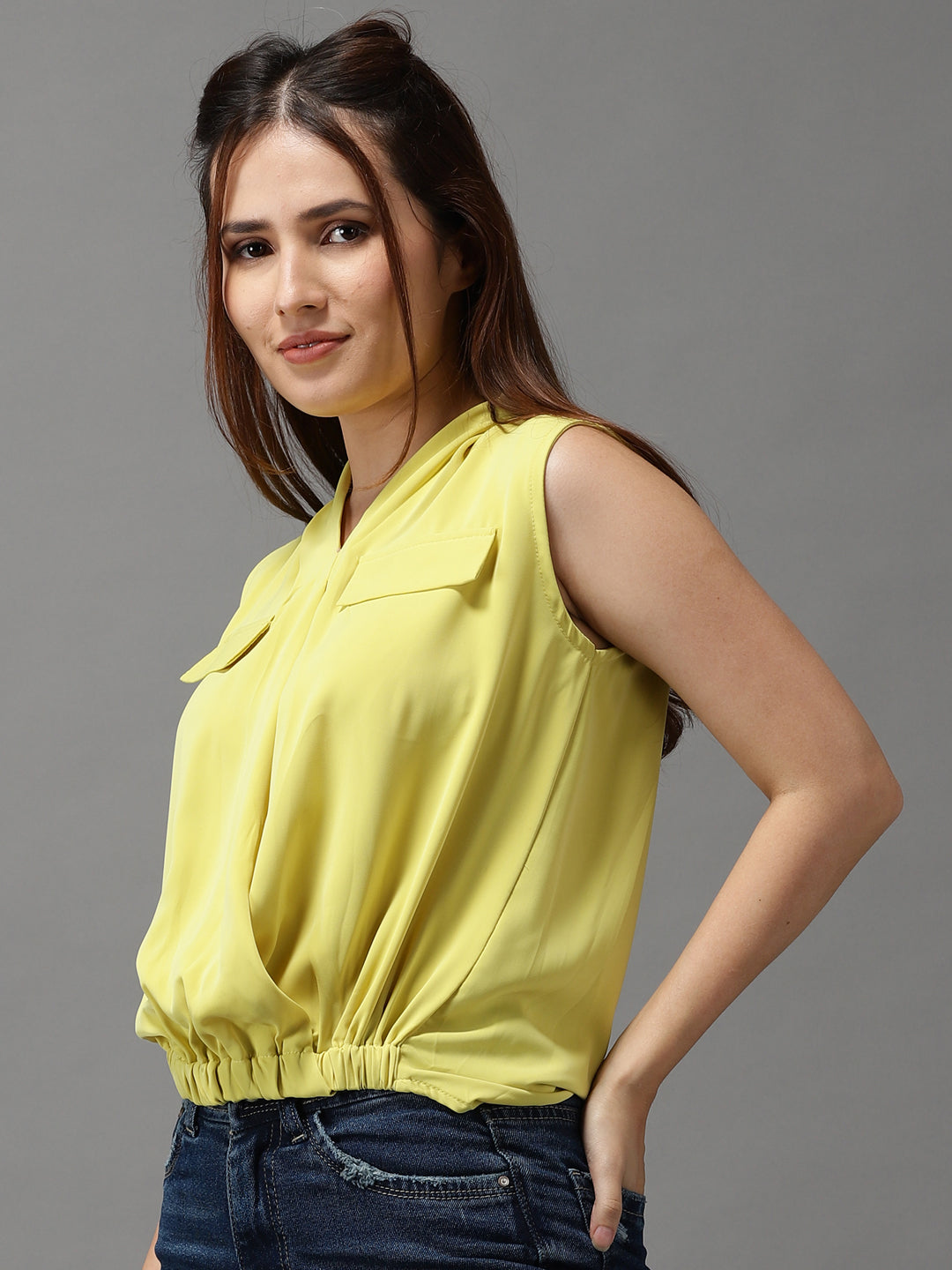 Women's Yellow Solid High-Low Top