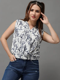 Women's White Print Crepe Shirt Style Top