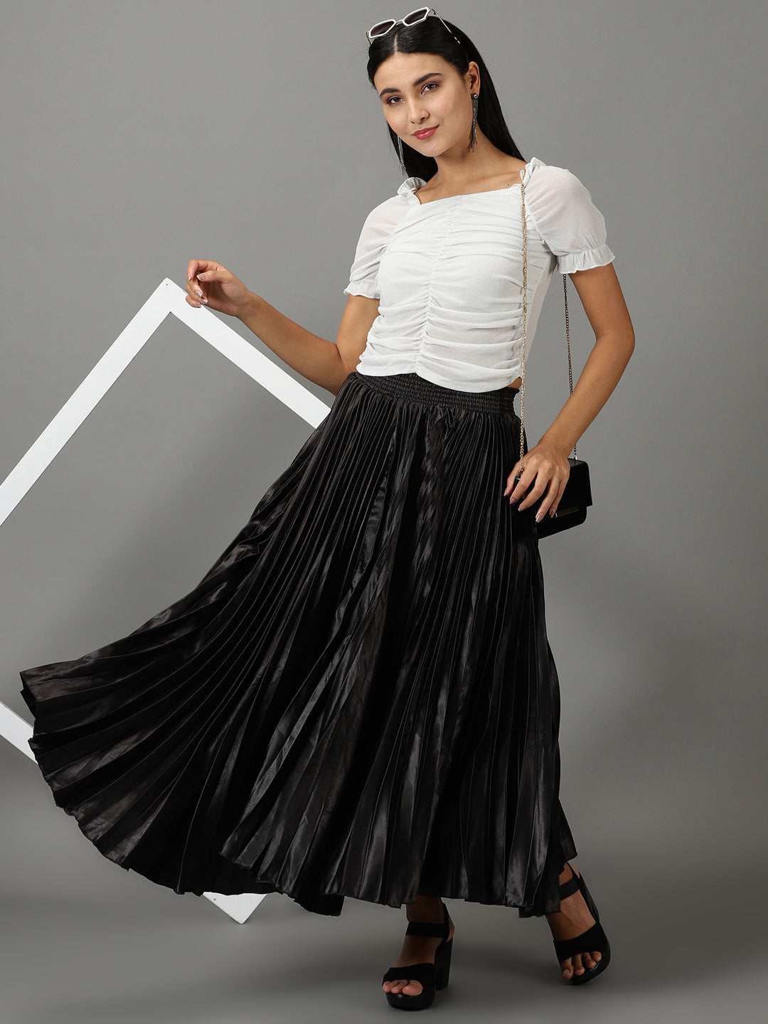 Women's Black Accordion Pleated Flared Maxi Skirt