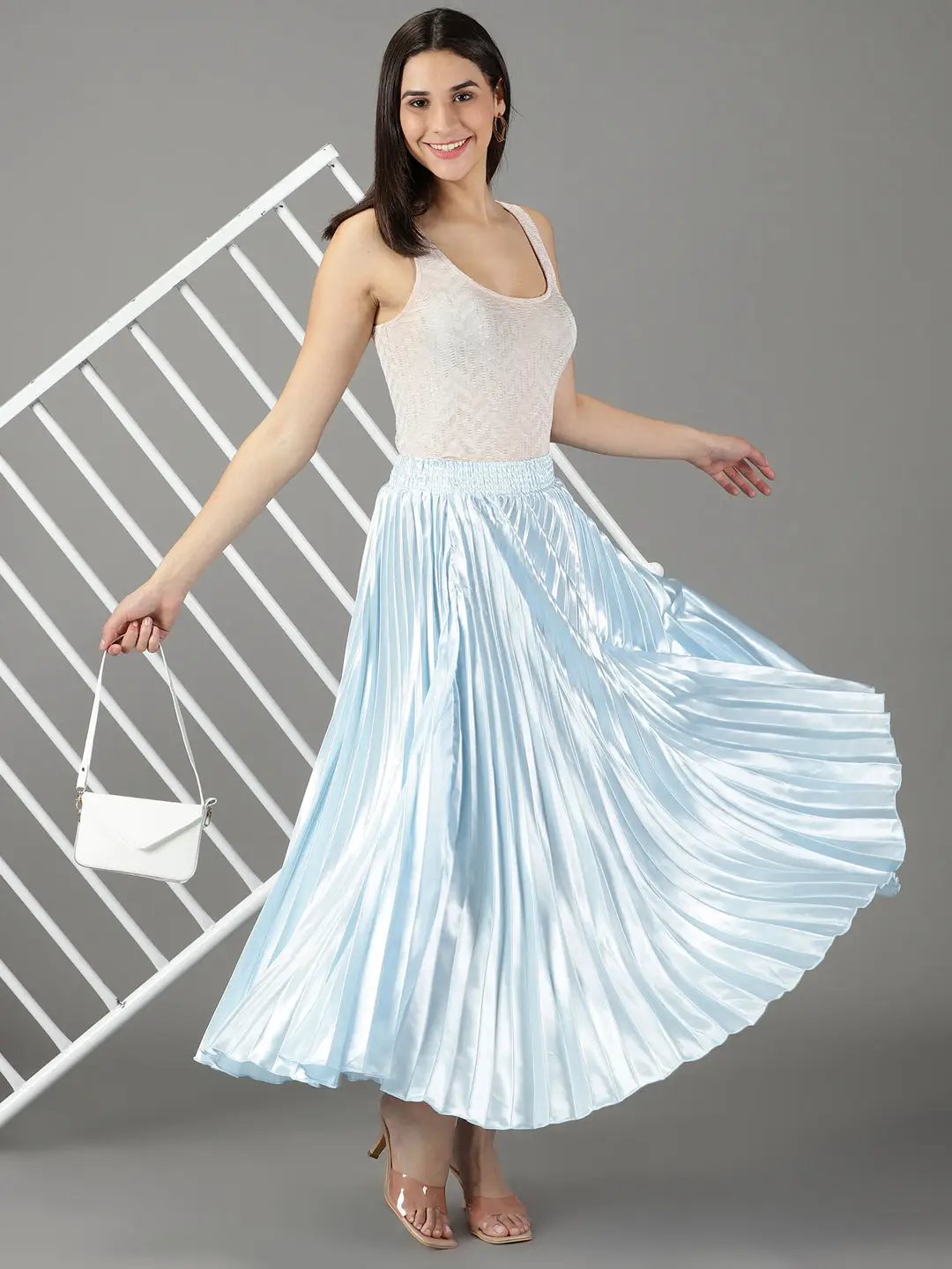 Women's Blue Solid Flared Skirt