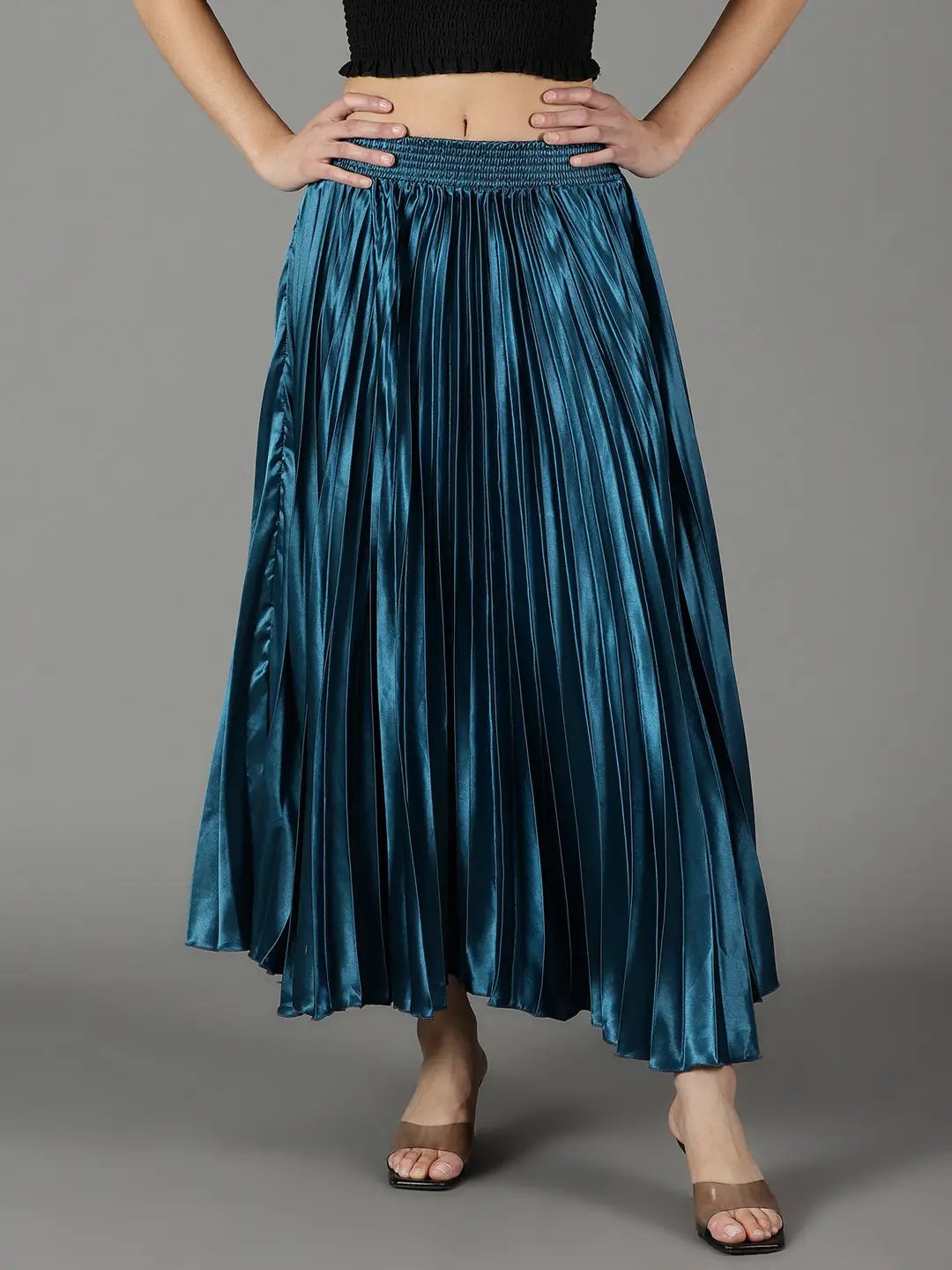 Women's Teal Solid Flared Skirt