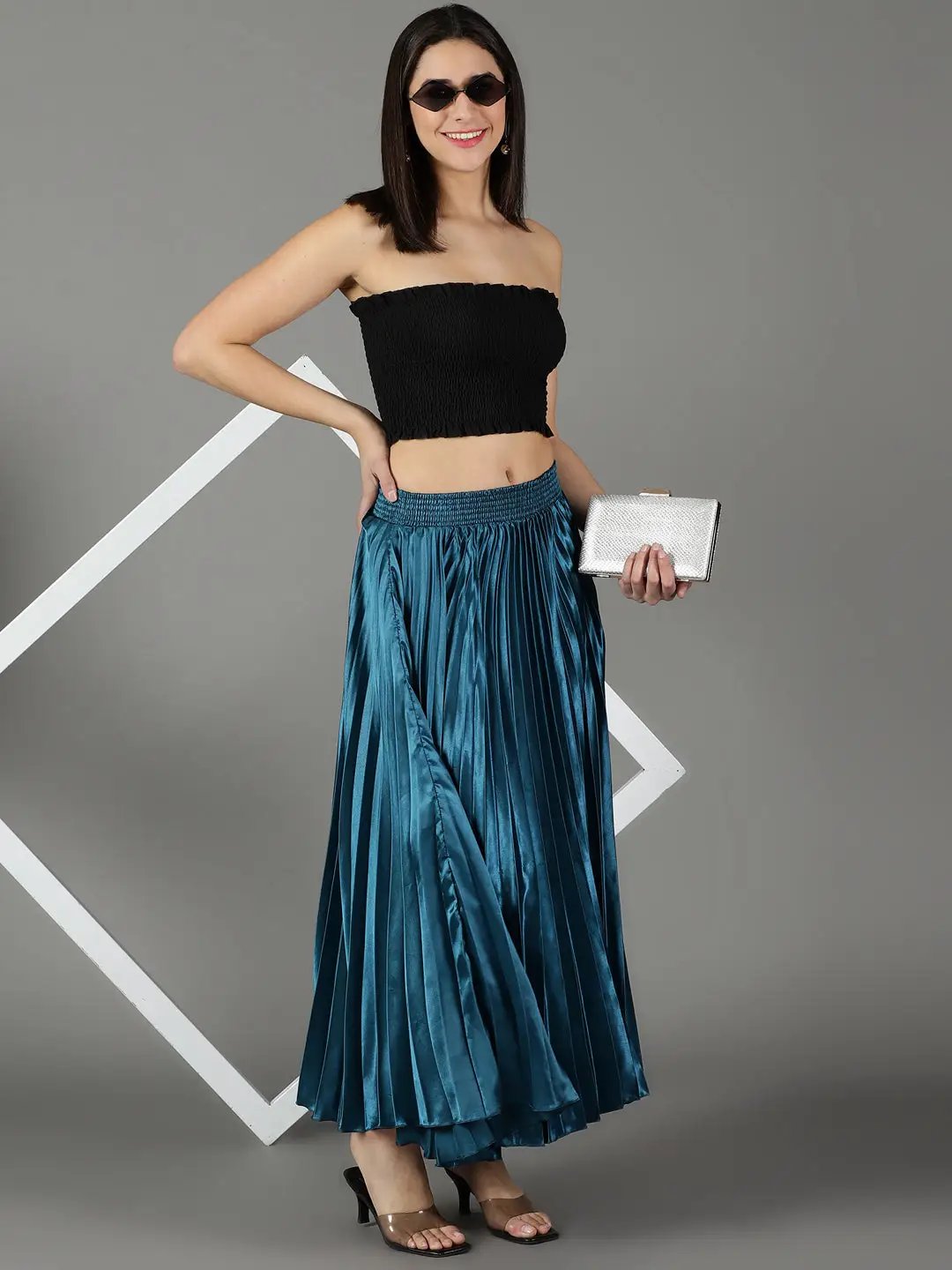 Women's Teal Solid Flared Skirt