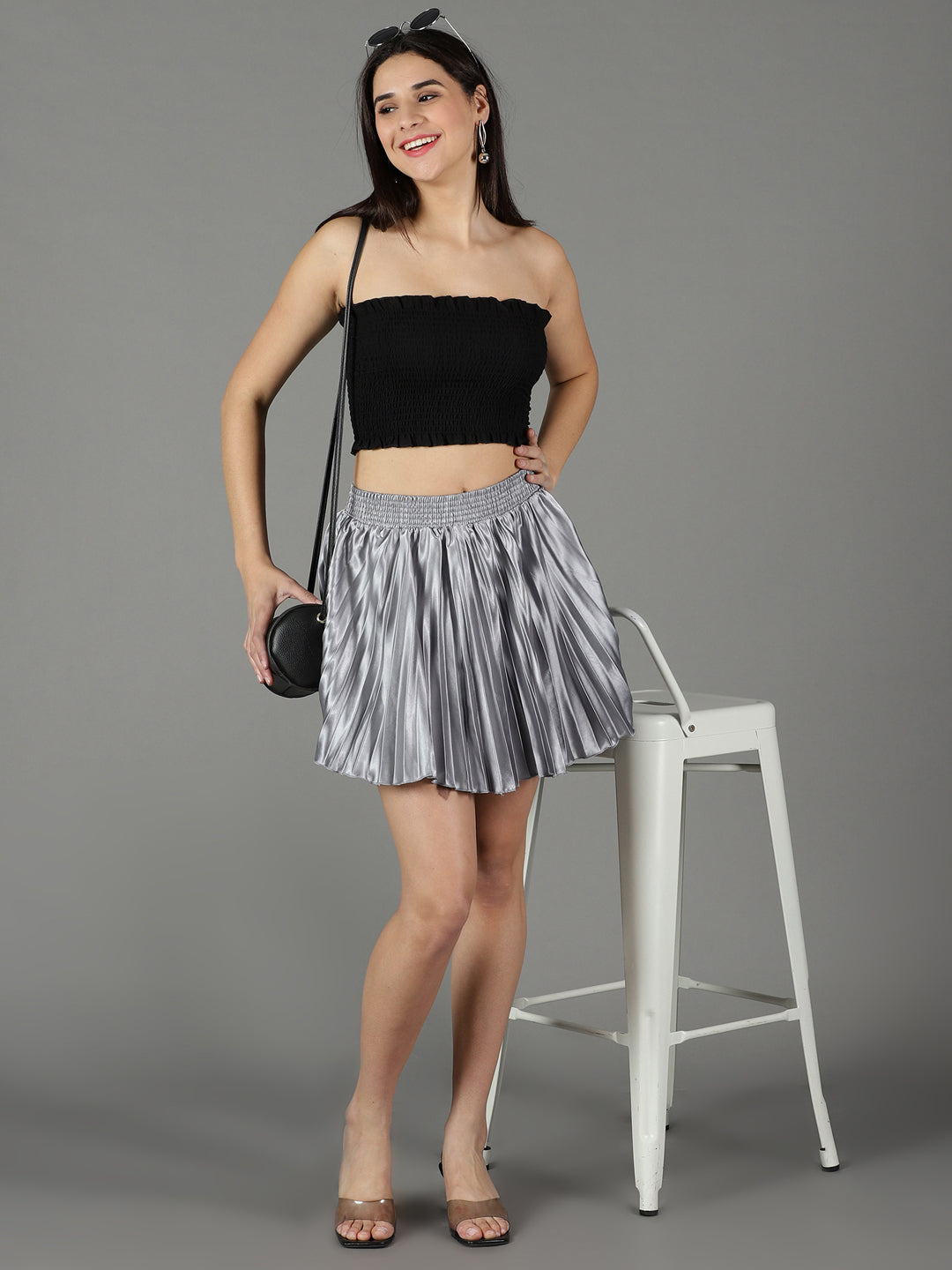 Women's Grey Solid Flared Skirt