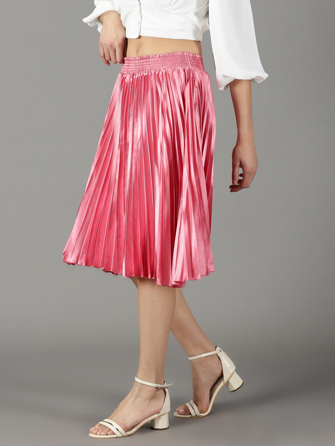 Pink Knee Length Pleated Skirts Pink Pleated Skirts Knee Length