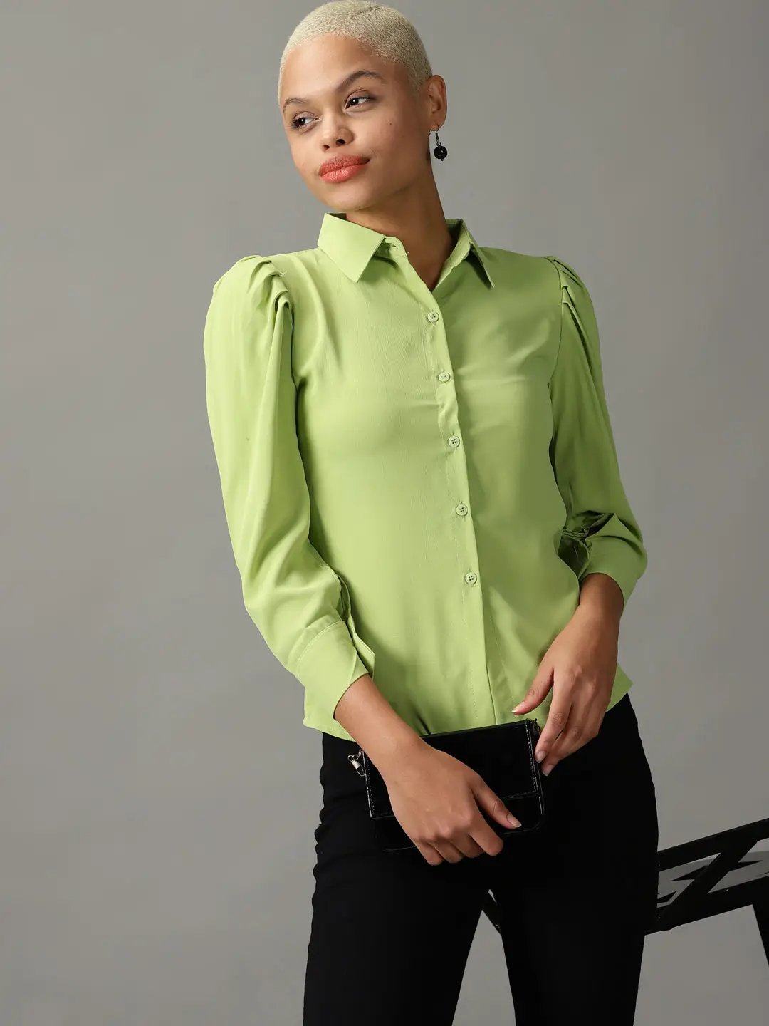 Shop Women's Lime Green Spread Collar Casual Shirt | Showoffff Shop Women's Lime Green Spread Collar Casual Shirt | Showoffff