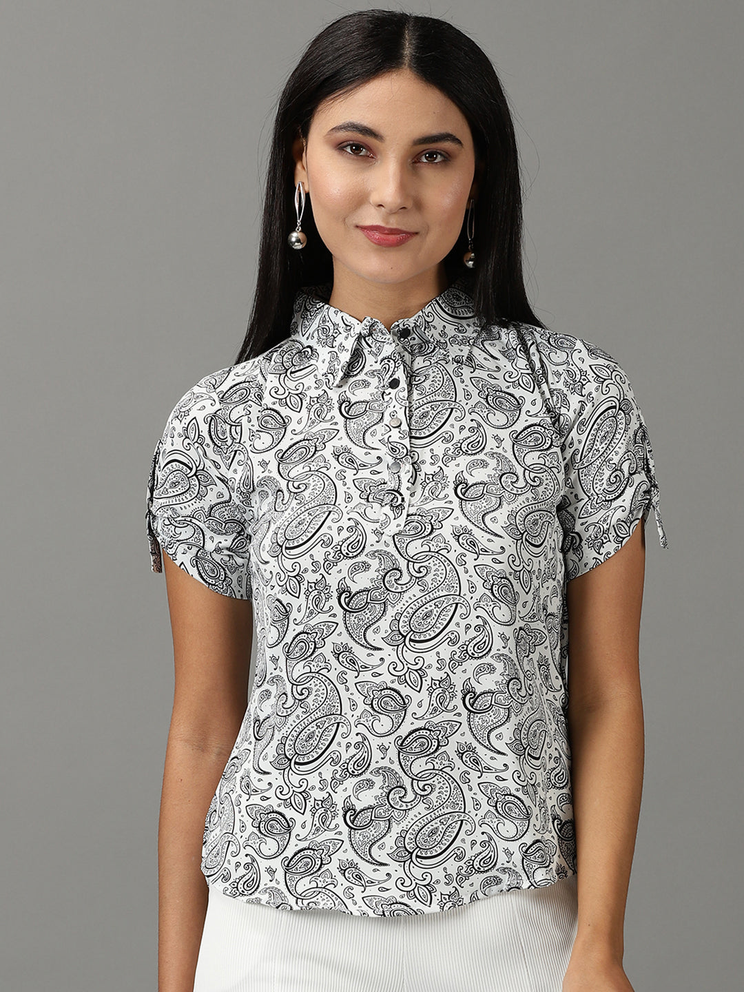 Women's White Printed Shirt Style Top