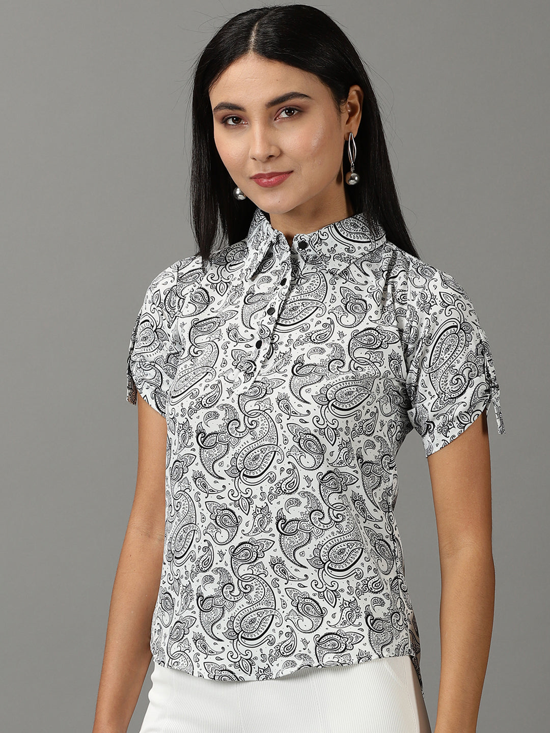 Women's White Printed Shirt Style Top