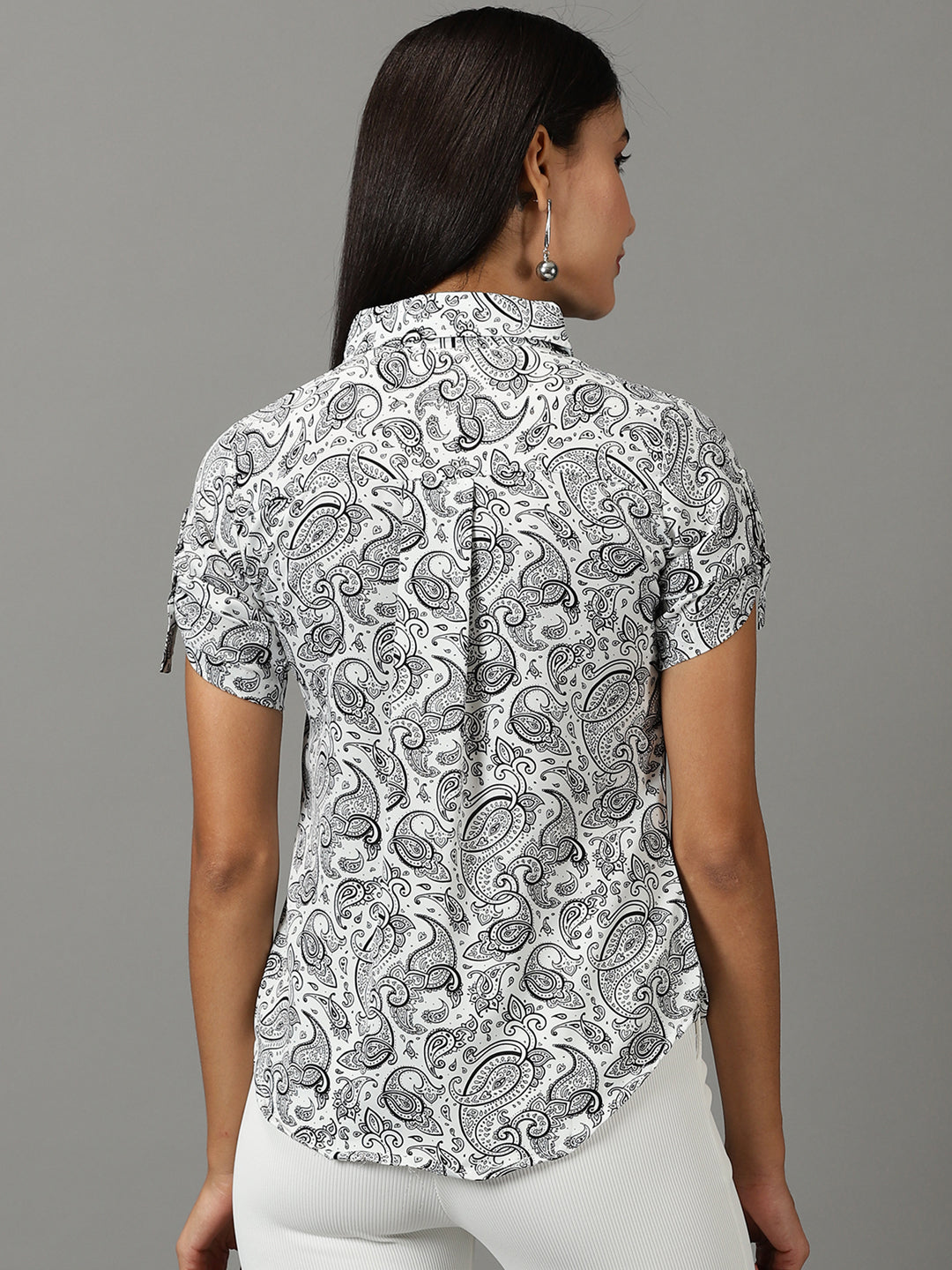 Women's White Printed Shirt Style Top