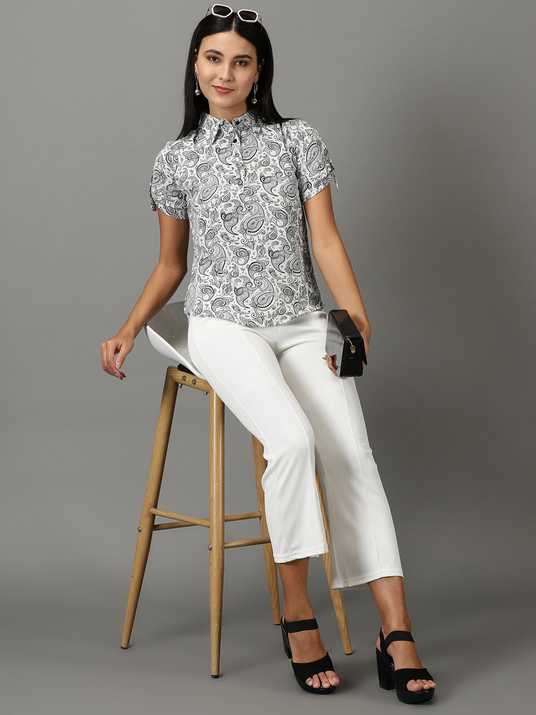 Women's White Printed Shirt Style Top