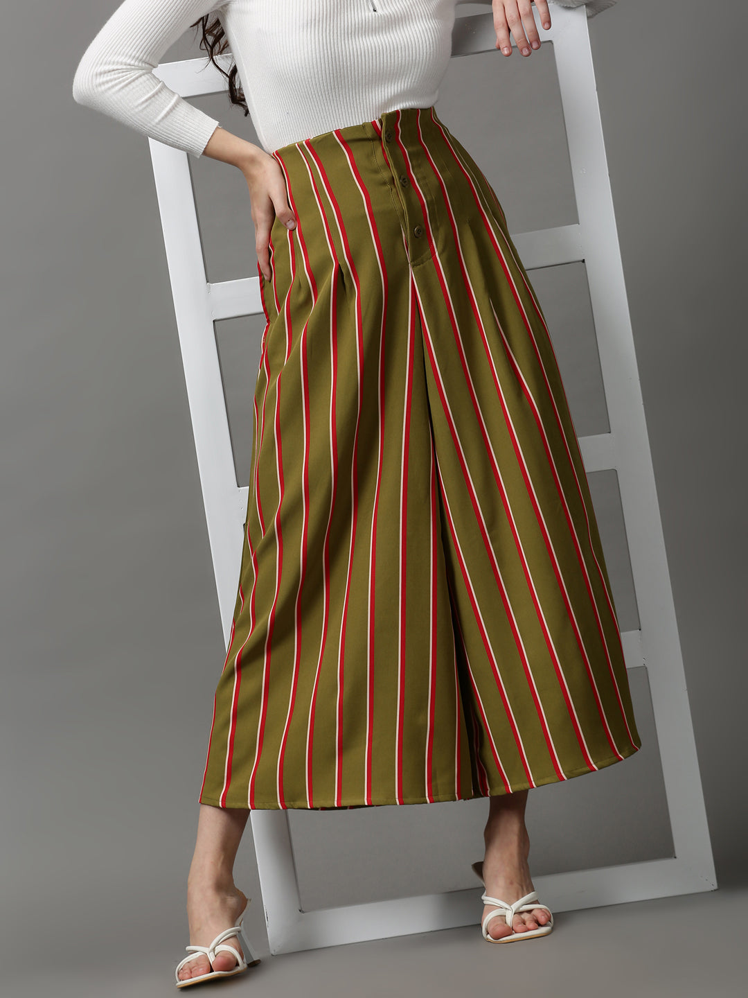 Women's Olive Striped Parallel Trouser