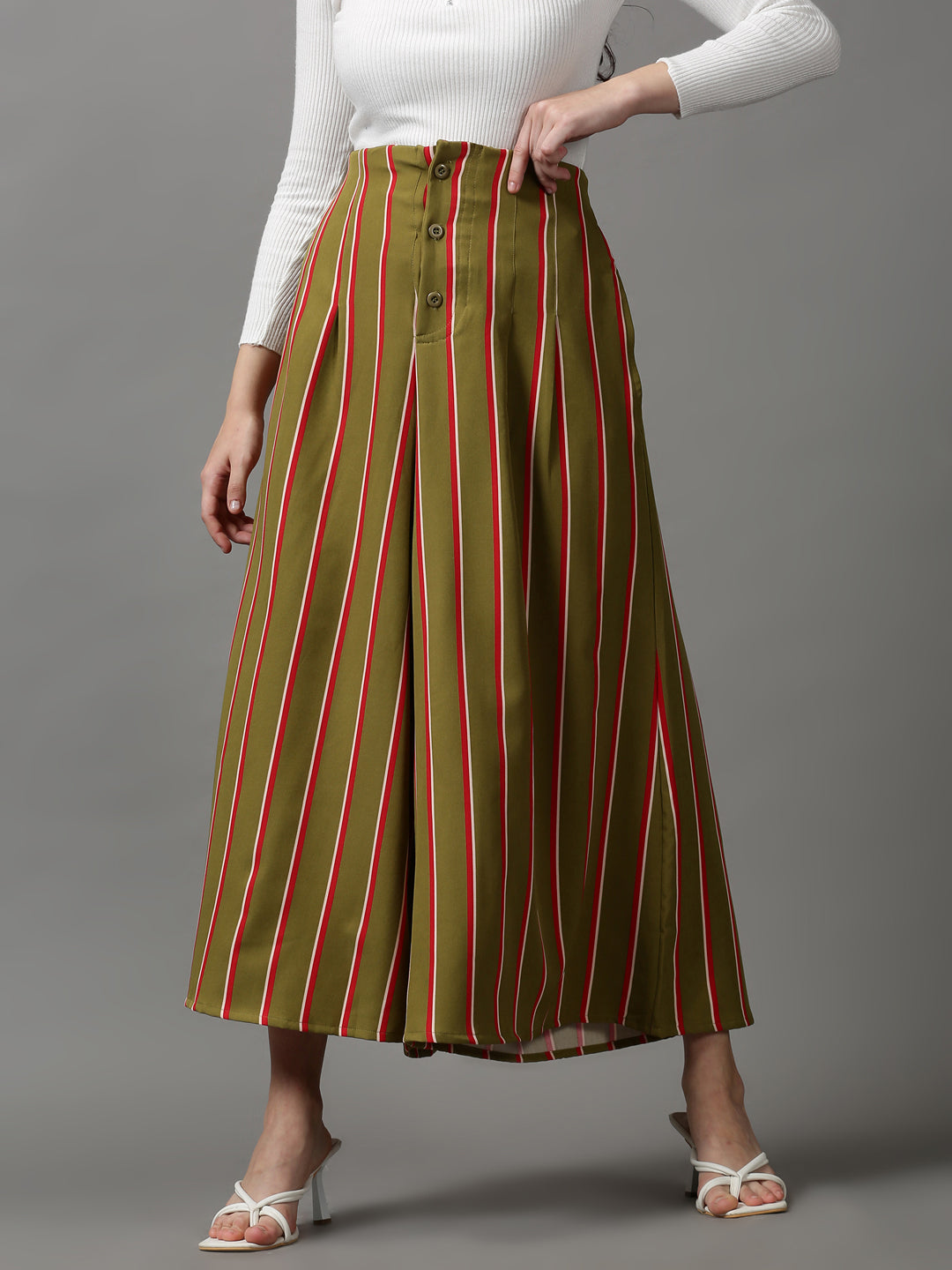 Women's Olive Striped Parallel Trouser