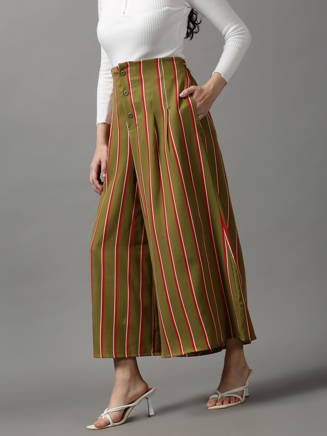 Women's Olive Striped Parallel Trouser