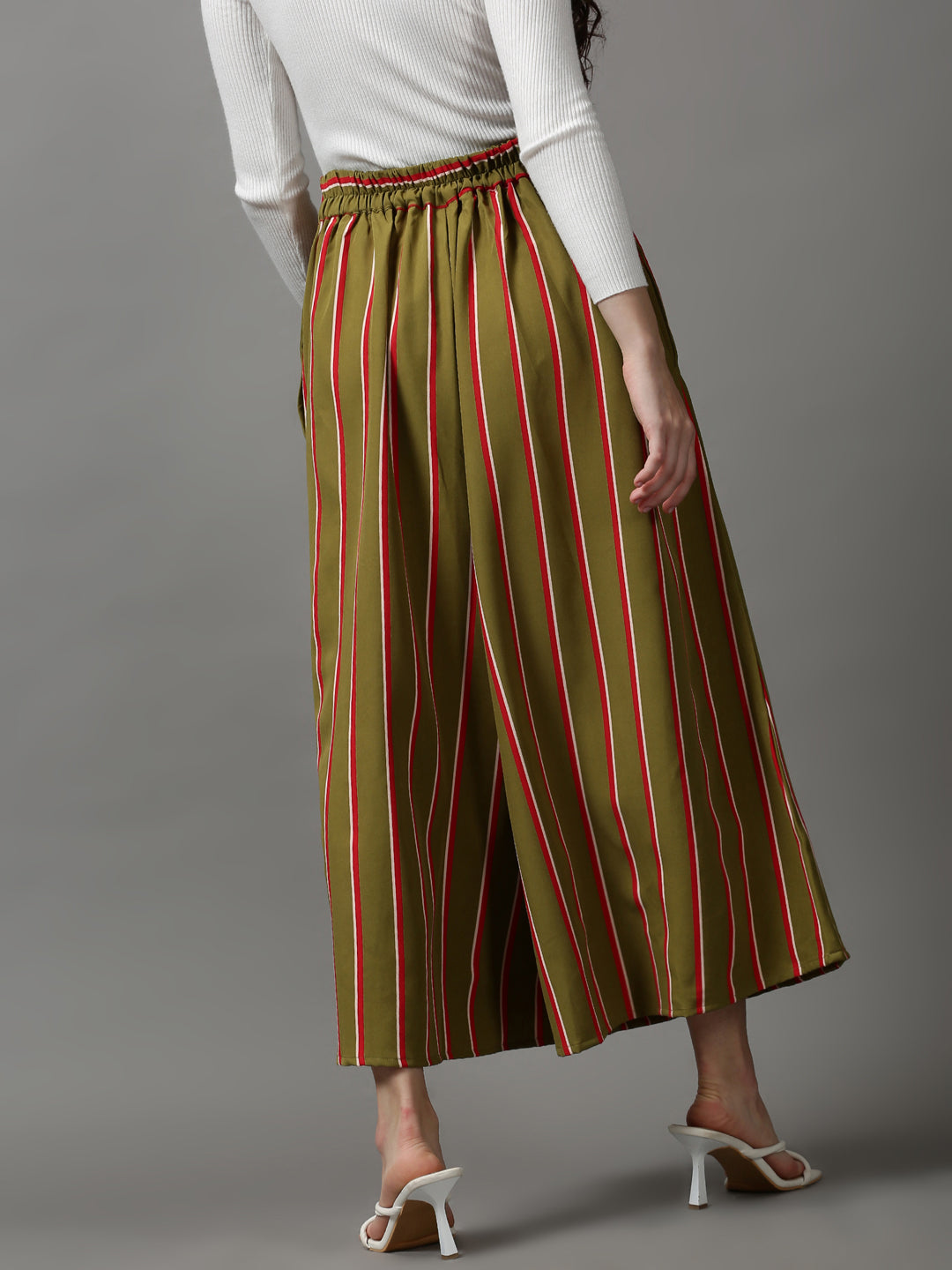 Women's Olive Striped Parallel Trouser