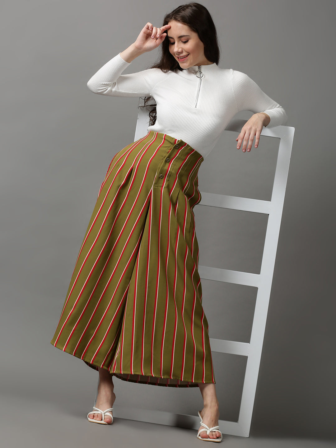 Women's Olive Striped Parallel Trouser