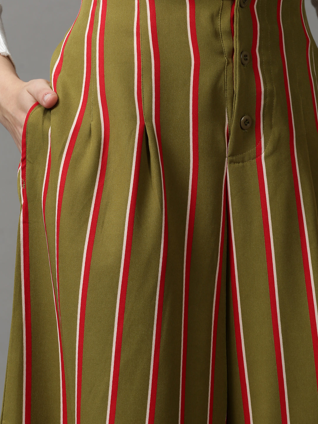 Women's Olive Striped Parallel Trouser