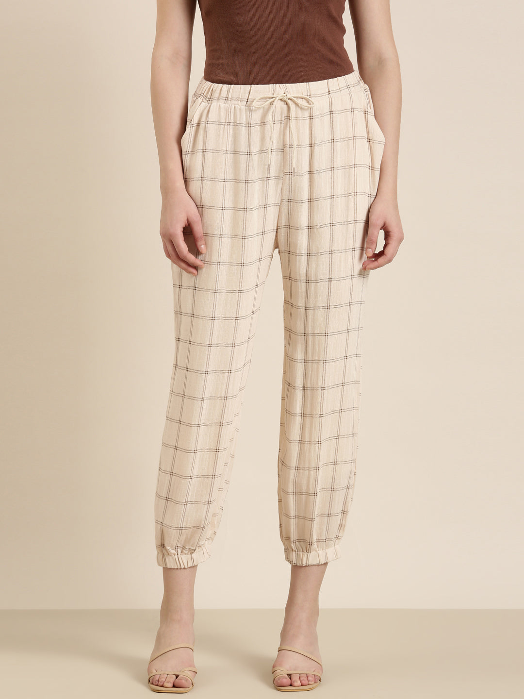 Women Cream Checked Culottes