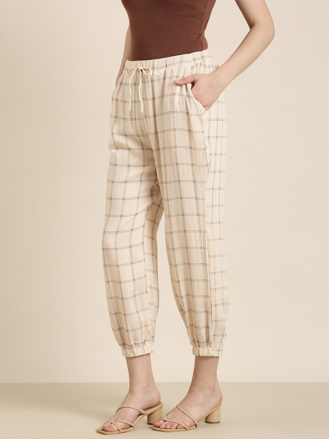 Women Cream Checked Culottes