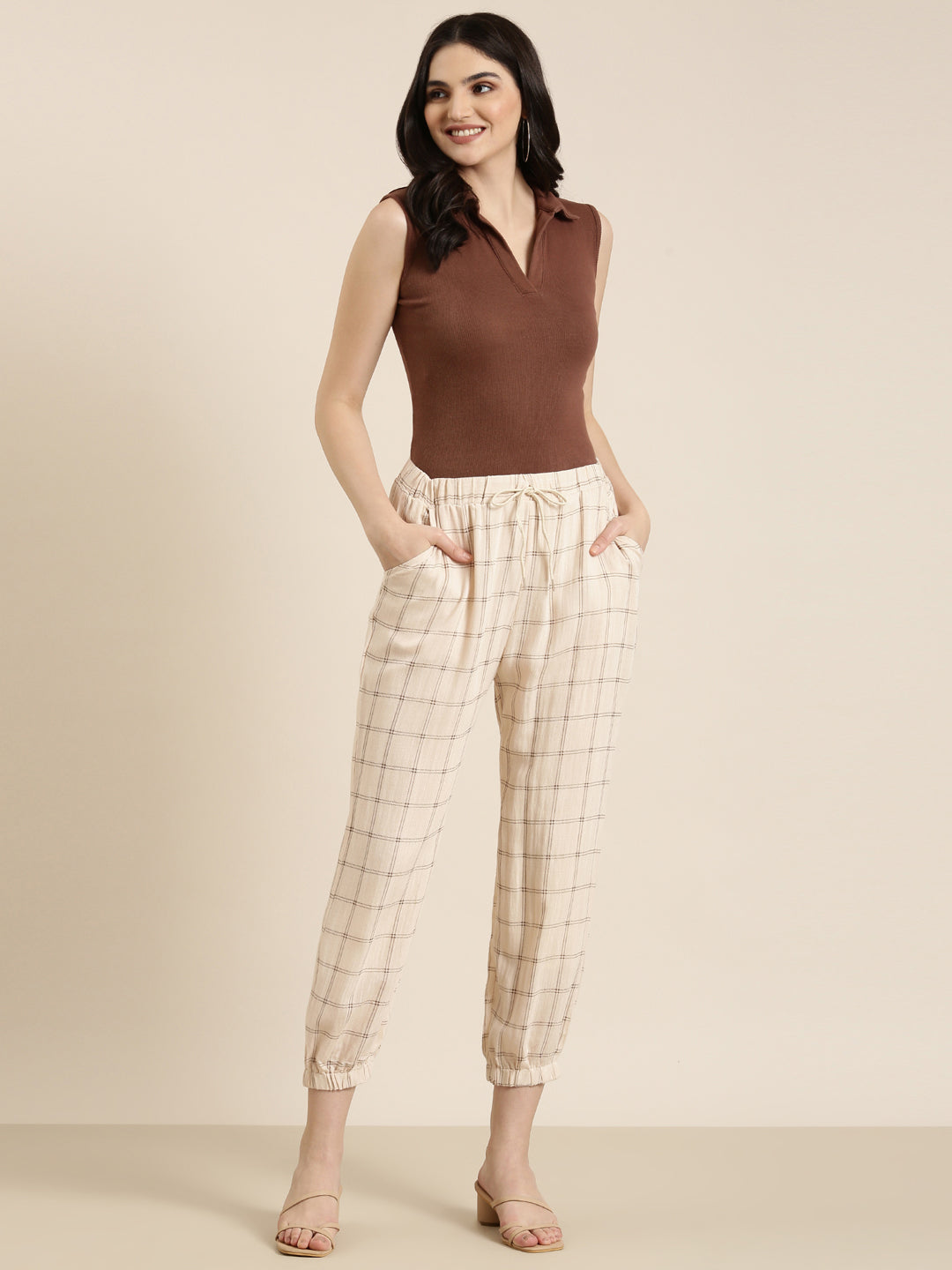 Women Cream Checked Culottes