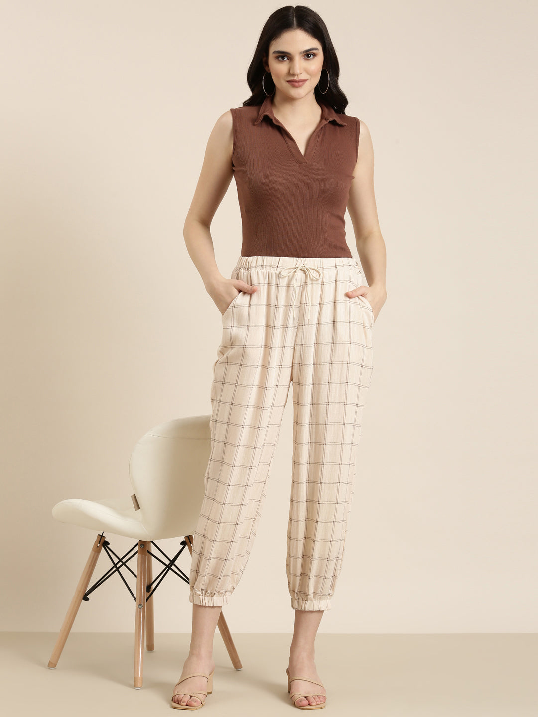 Women Cream Checked Culottes