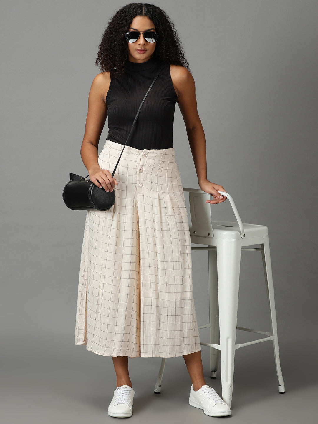 Women's Cream Checked Culottes