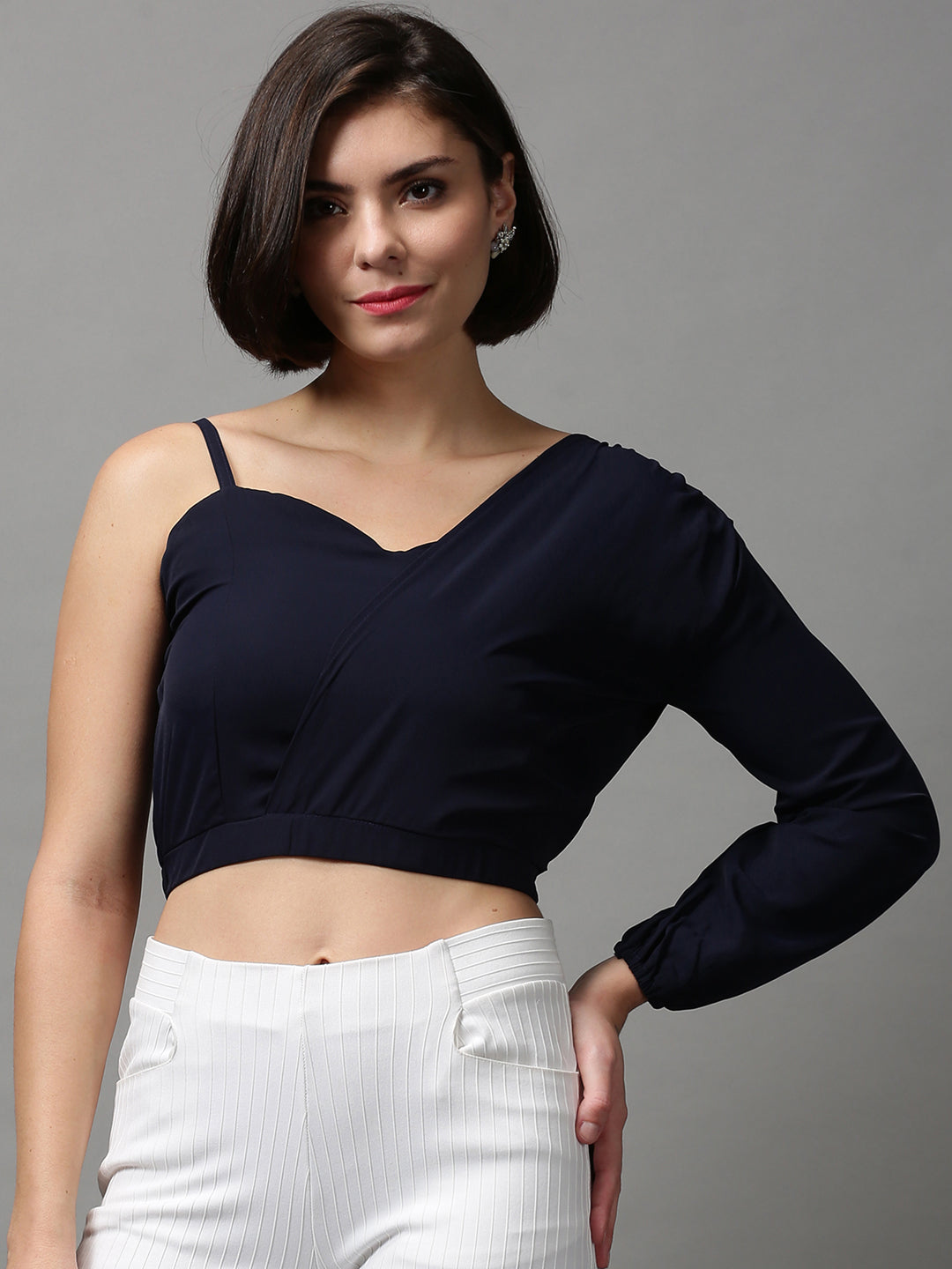 Women's Blue Solid Crop Top